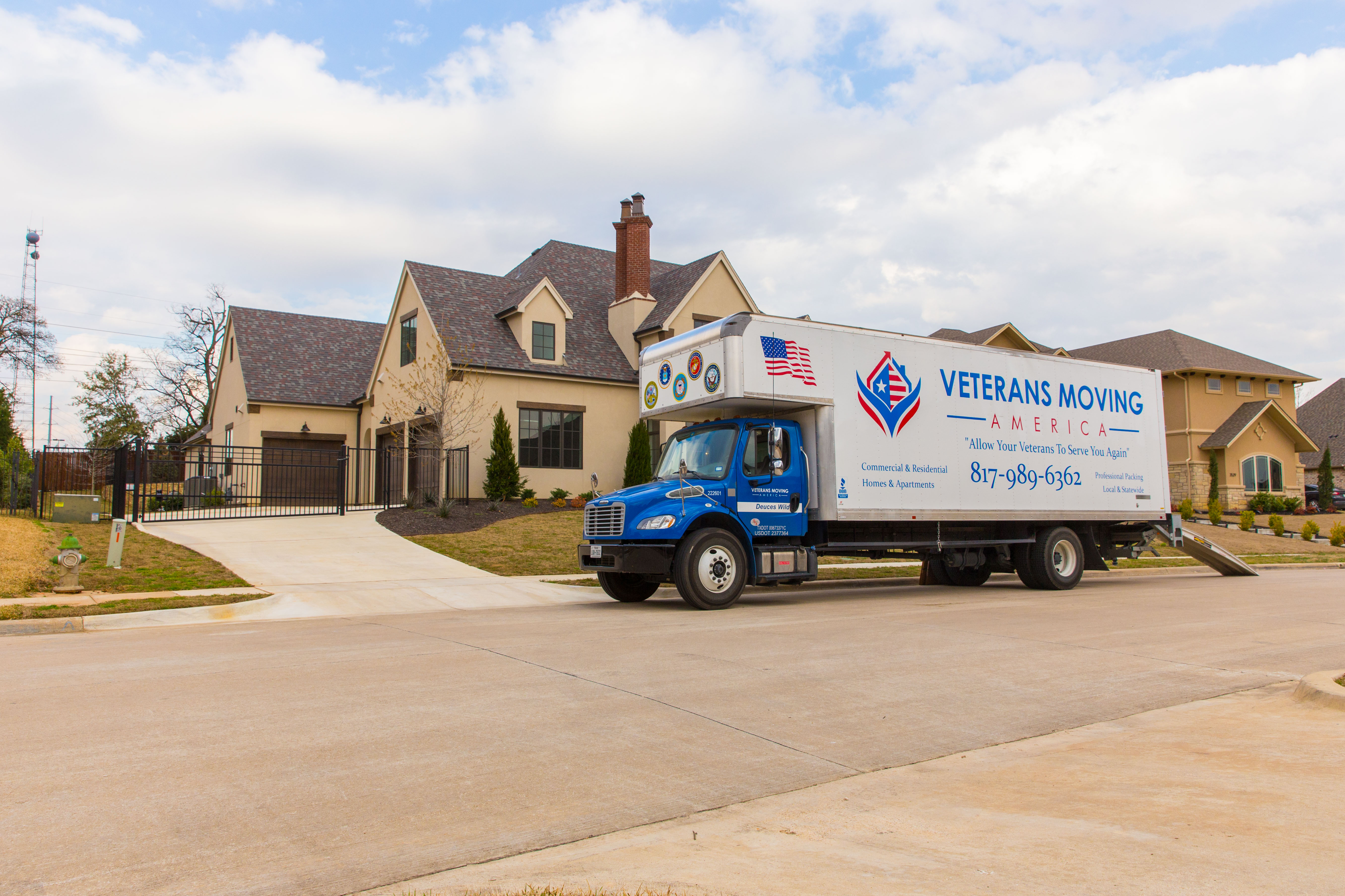 Veterans Moving America truck outside a DFW home