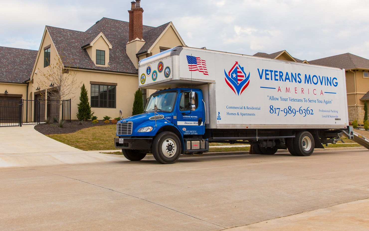 Veterans Moving America truck outside a DFW home
