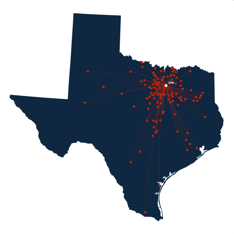 Map of Texas showing statewide moving routes from the DFW area to Houston, Austin, San Antonio, El Paso, and Amarillo